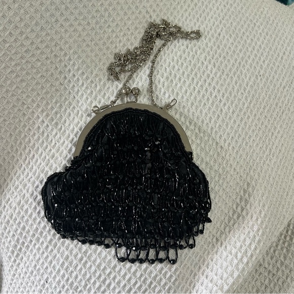 Vintage Bijoux Terner black beaded evening handbag shoulder bag kiss lock silver - Picture 12 of 14
